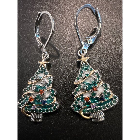 Christmas Tree Earrings With Colorful Rhinestones & Leverback Closure - Picture 1 of 6